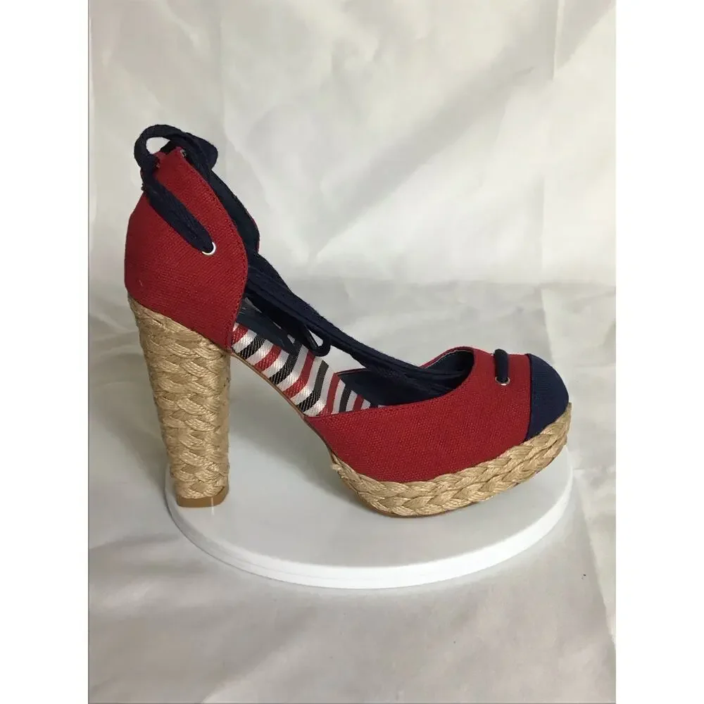 Envy Women Platform Espadrilles Sz. 8 Red Nautical Pin up Resortwear Yacht Party